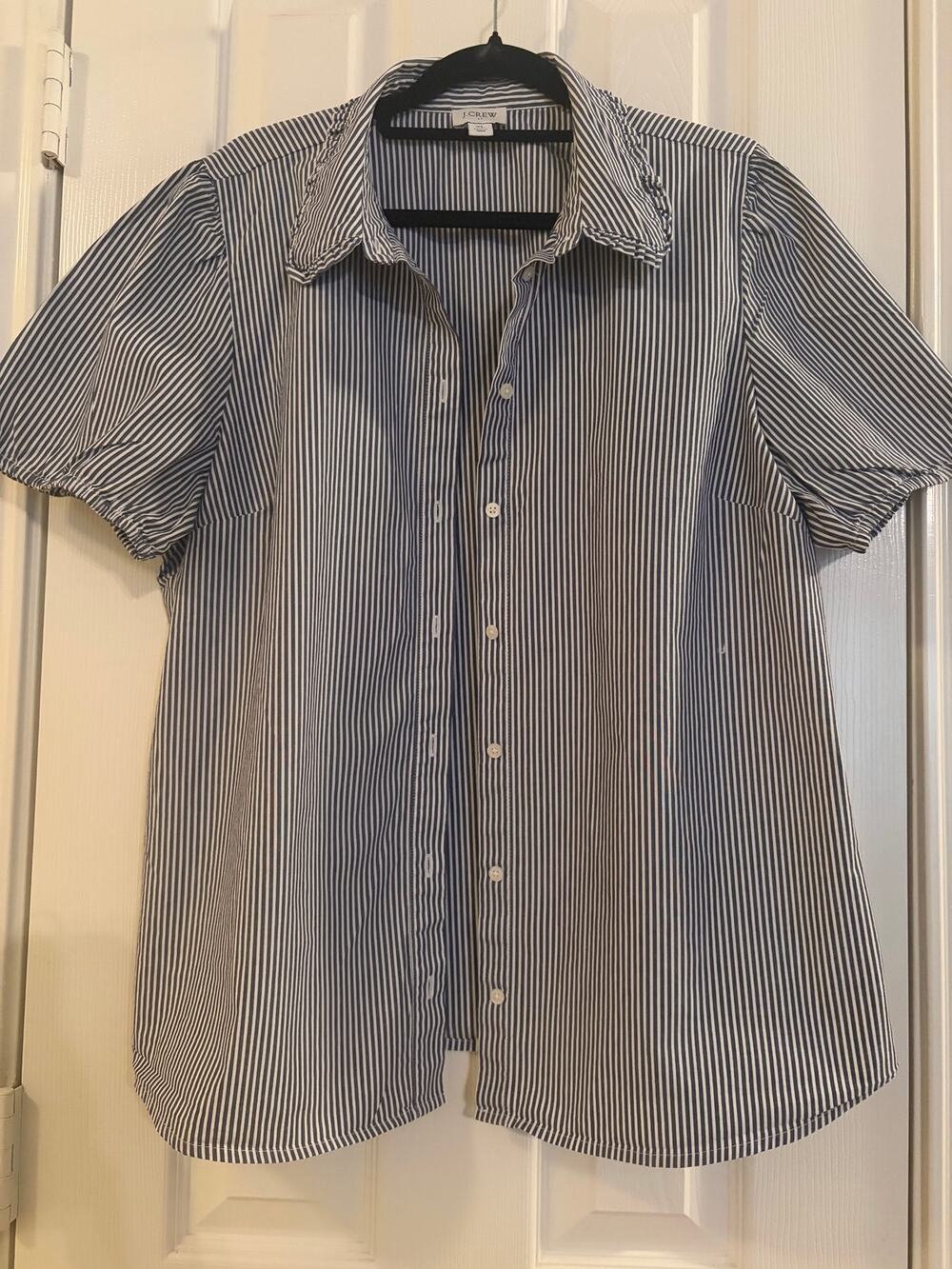 J.Crew XL Blue White Stripe Puff Sleeve Button Down Cotton Stretch Blouse